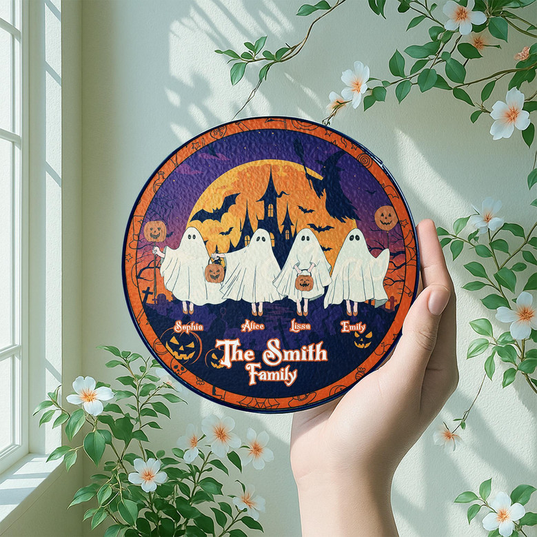 Halloween ghost family stained glass suncatcher, customizable family size, autumn home decor for entryway or window