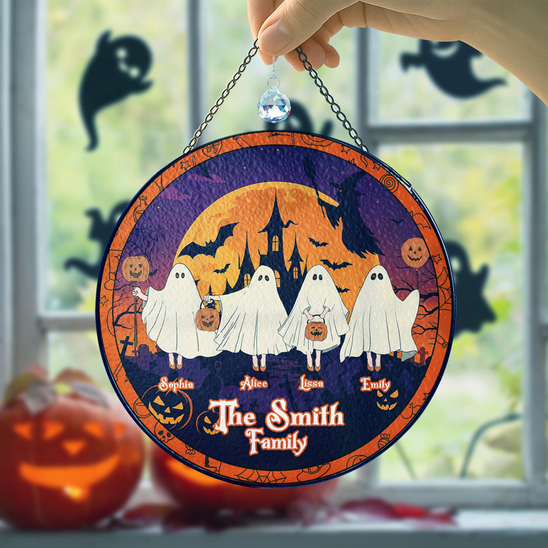 Halloween ghost family stained glass suncatcher, customizable lineup with hanging chain for fall window decor, living room