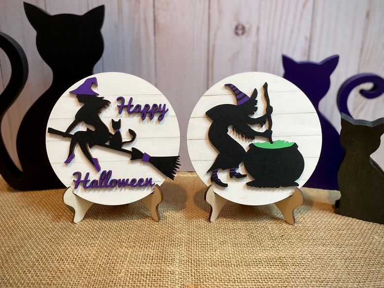 Witch Broom Cauldron Wood Sign: Spooky Halloween Tiered Tray Decor For Indoor Shelves