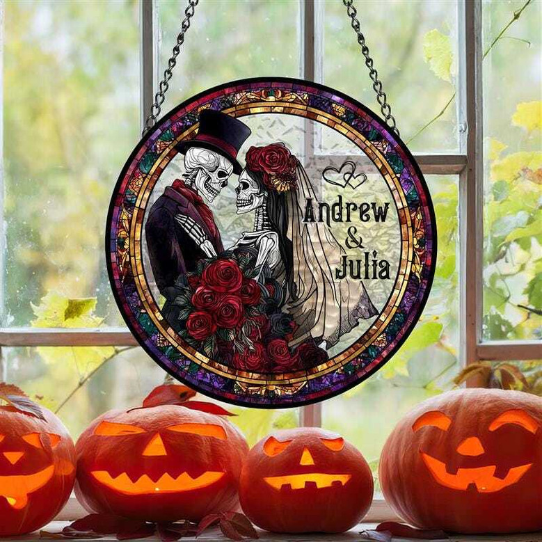Personalized Skeleton Couple Stained Glass Suncatcher - Gothic Wedding Halloween Decor