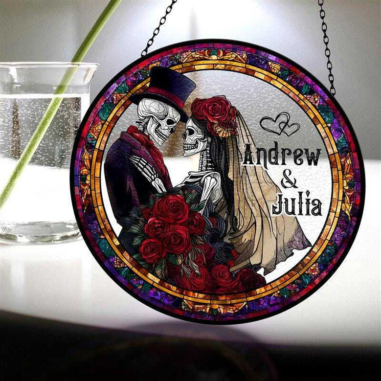 Personalized Skeleton Couple Stained Glass Suncatcher - Gothic Wedding Halloween Decor