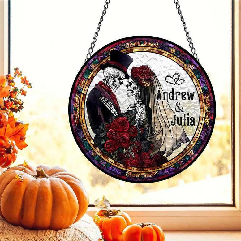 Personalized Skeleton Couple Stained Glass Suncatcher - Gothic Wedding Halloween Decor