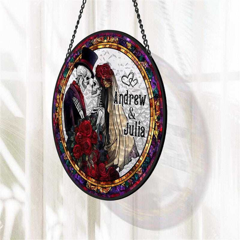 Personalized Skeleton Couple Stained Glass Suncatcher - Gothic Wedding Halloween Decor