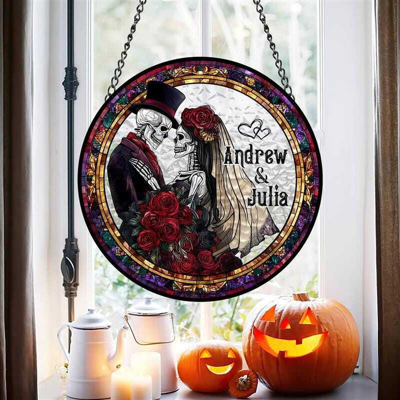 Personalized Skeleton Couple Stained Glass Suncatcher - Gothic Wedding Halloween Decor