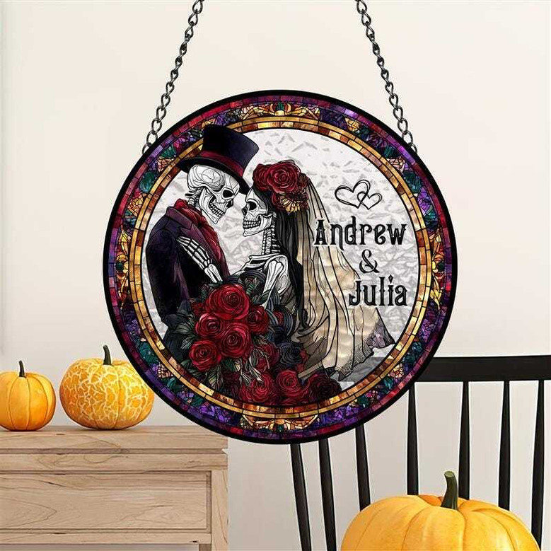 Personalized Skeleton Couple Stained Glass Suncatcher - Gothic Wedding Halloween Decor