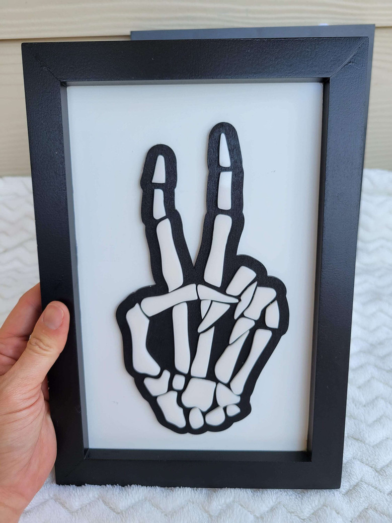 Layered Skeleton Peace And Love Sign For Halloween Decor - Wood And Acrylic Art Piece
