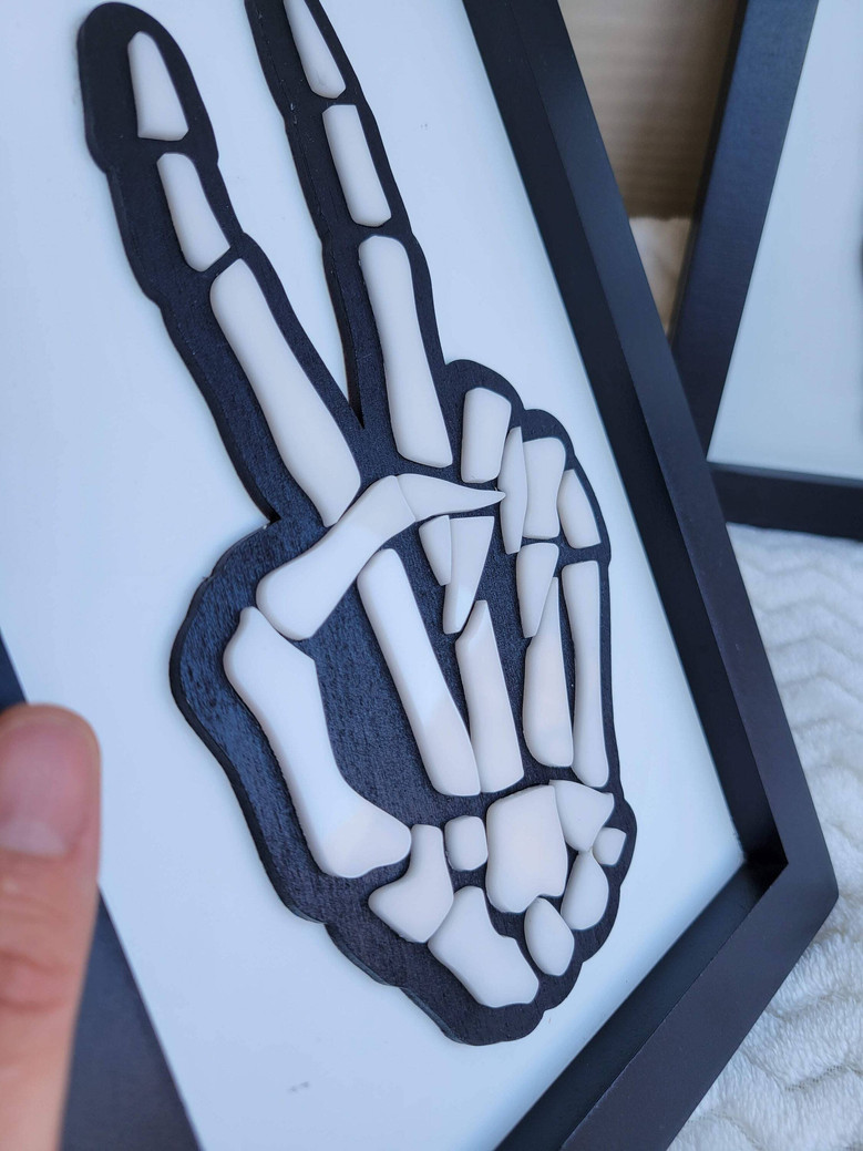 Layered Skeleton Peace And Love Sign For Halloween Decor - Wood And Acrylic Art Piece