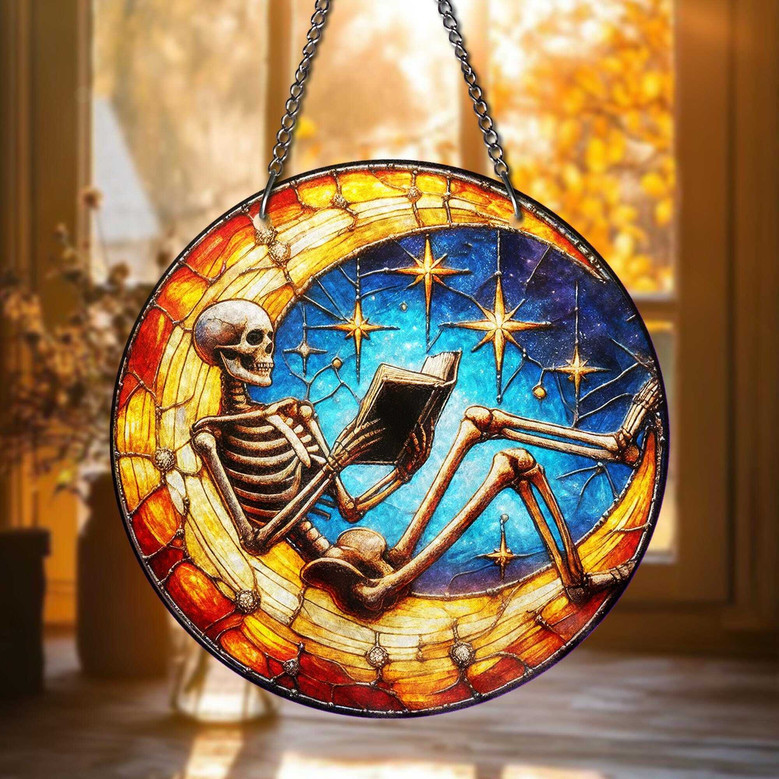 Skeleton Reading Moon Stained Glass Suncatcher For Halloween Gothic Spooky Window Art Gift