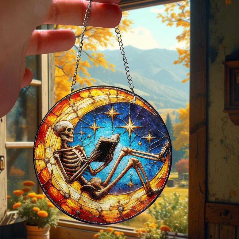 Skeleton Reading Moon Stained Glass Suncatcher For Halloween Gothic Spooky Window Art Gift