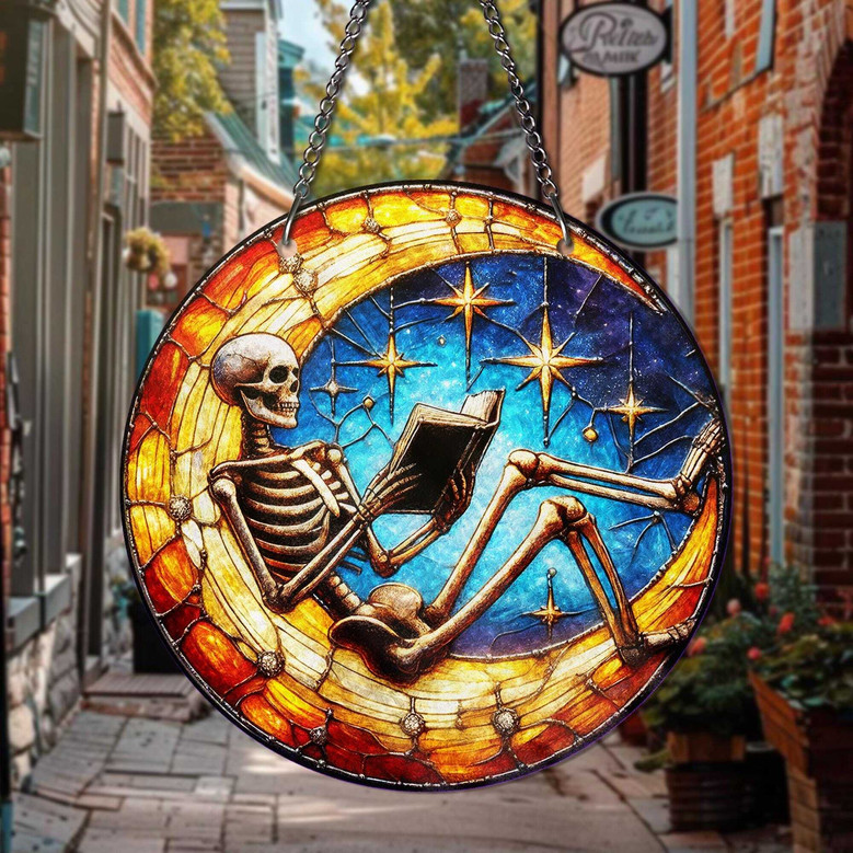 Skeleton Reading Moon Stained Glass Suncatcher For Halloween Gothic Spooky Window Art Gift