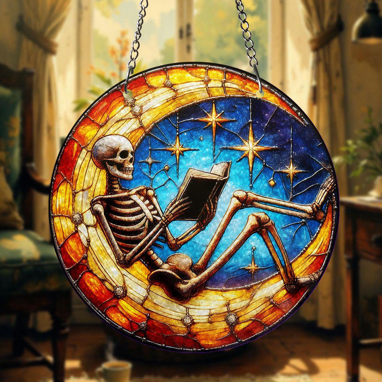 Skeleton Reading Moon Stained Glass Suncatcher For Halloween Gothic Spooky Window Art Gift
