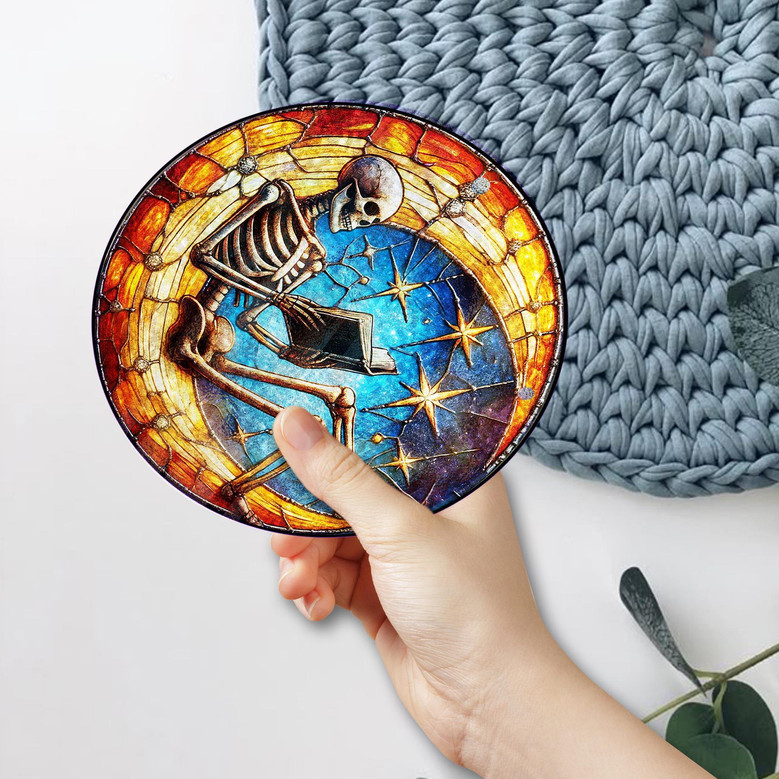 Skeleton Reading Moon Stained Glass Suncatcher For Halloween Gothic Spooky Window Art Gift