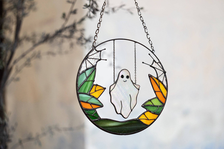 Spooky Gothic Ghost Halloween Stained Glass Suncatcher For Window - Unique Fall Decor And Witch Gift
