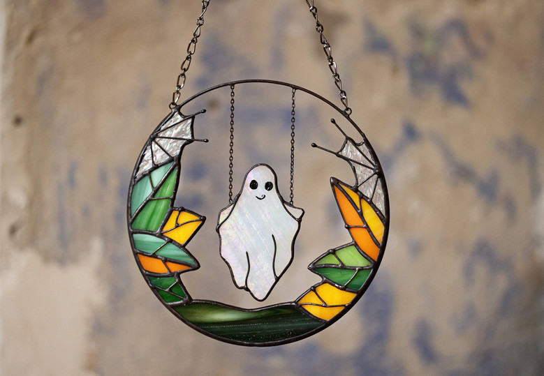 Spooky Gothic Ghost Halloween Stained Glass Suncatcher For Window - Unique Fall Decor And Witch Gift