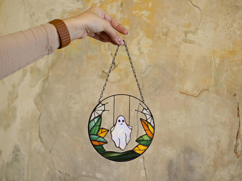 Spooky Gothic Ghost Halloween Stained Glass Suncatcher For Window - Unique Fall Decor And Witch Gift