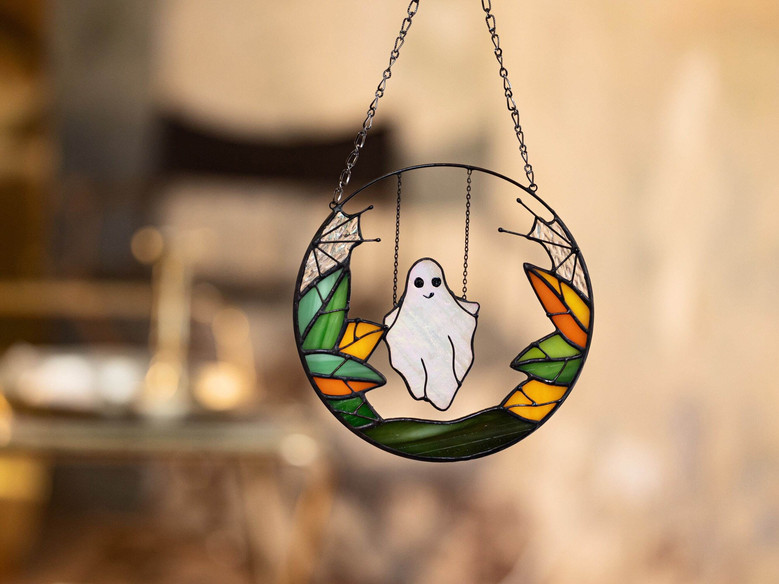 Spooky Gothic Ghost Halloween Stained Glass Suncatcher For Window - Unique Fall Decor And Witch Gift
