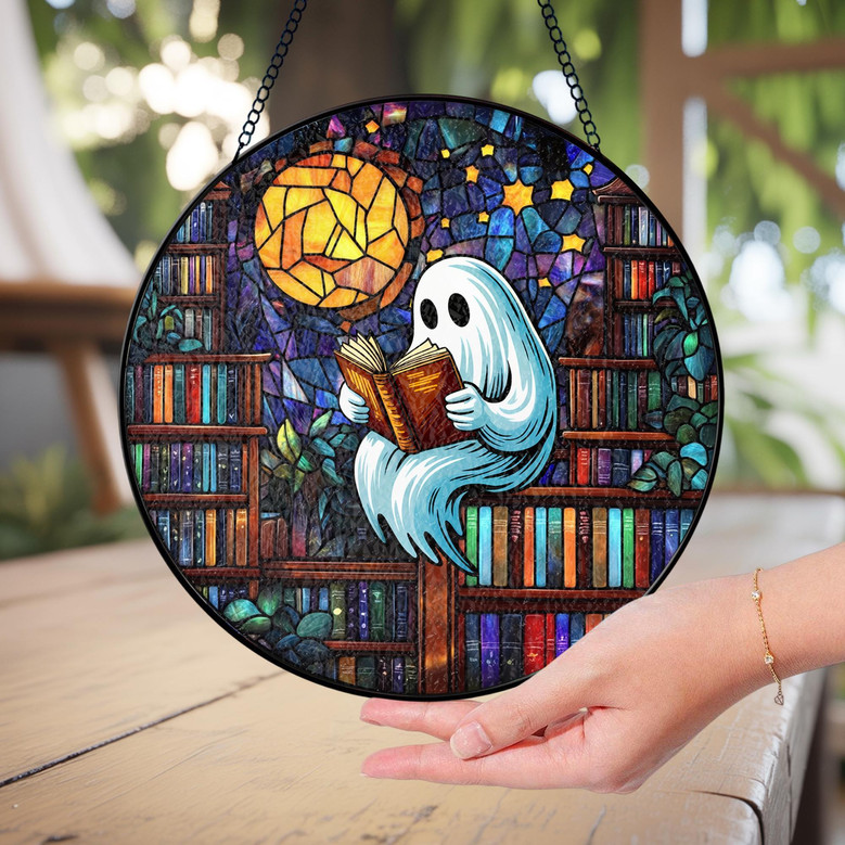 Adorable Halloween Ghost Reading Suncatcher For Book Lovers - Cute Library Window Hanging Decor