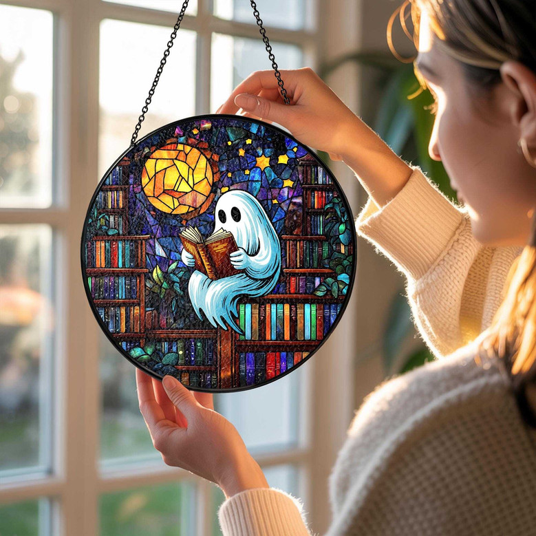 Adorable Halloween Ghost Reading Suncatcher For Book Lovers - Cute Library Window Hanging Decor