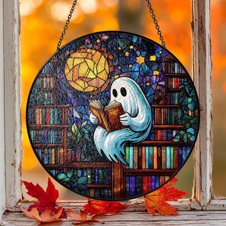 Adorable Halloween Ghost Reading Suncatcher For Book Lovers - Cute Library Window Hanging Decor