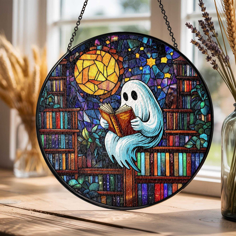 Adorable Halloween Ghost Reading Suncatcher For Book Lovers - Cute Library Window Hanging Decor