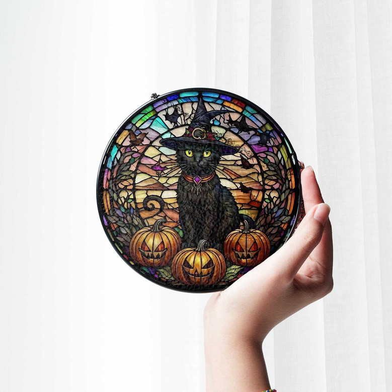 Gothic Black Cat Halloween Stained Glass Suncatcher - Witchy Fall Window Decoration For Women