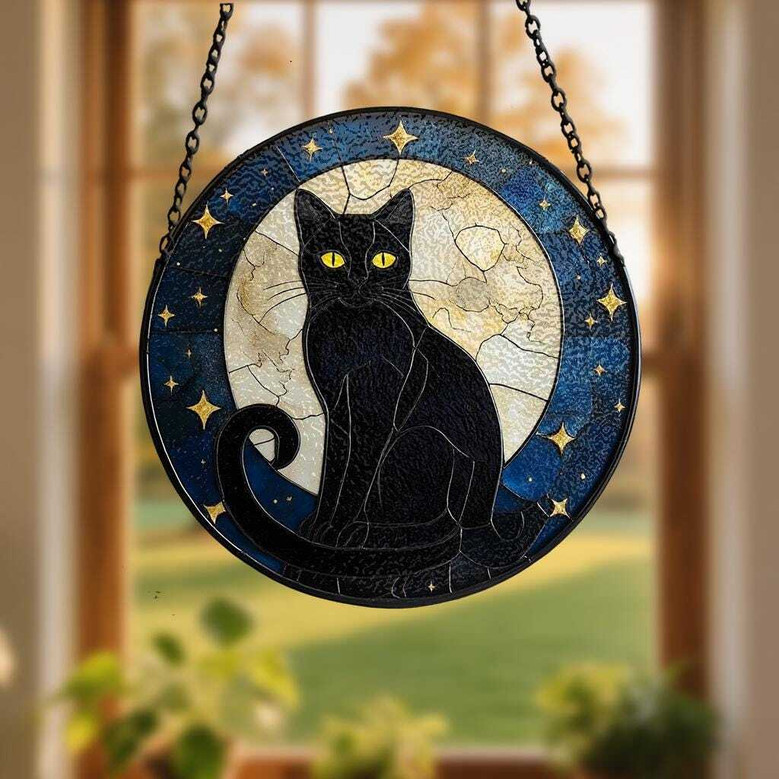 Black Cat Suncatcher For Halloween | Stained Glass Window Art Gift For Cat Lovers | Spooky Home Decor