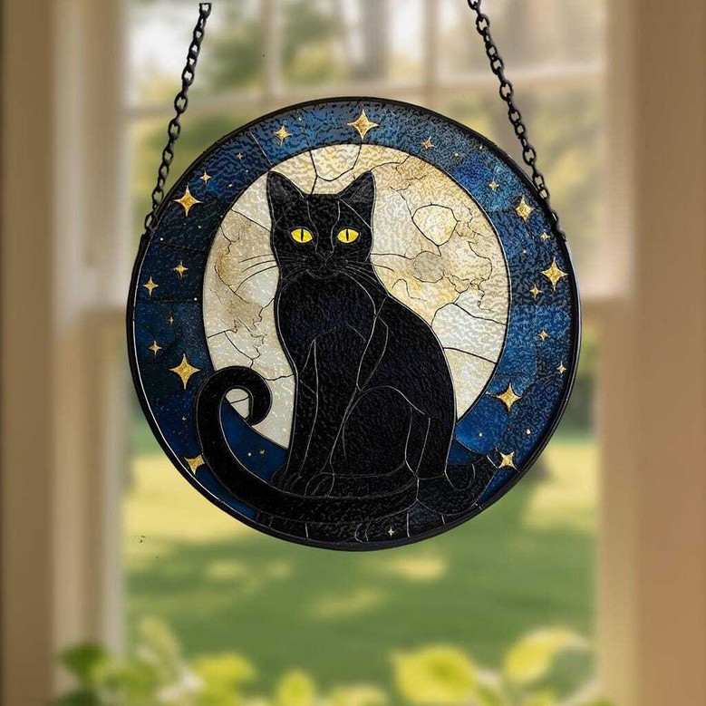 Black Cat Suncatcher For Halloween | Stained Glass Window Art Gift For Cat Lovers | Spooky Home Decor