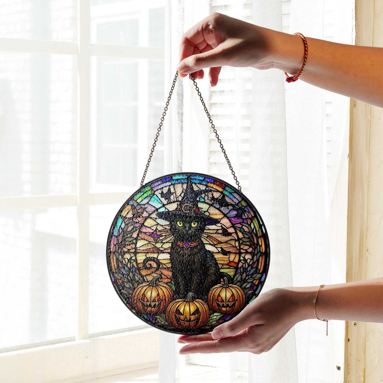 Gothic Black Cat Halloween Stained Glass Suncatcher - Witchy Fall Window Decoration For Women