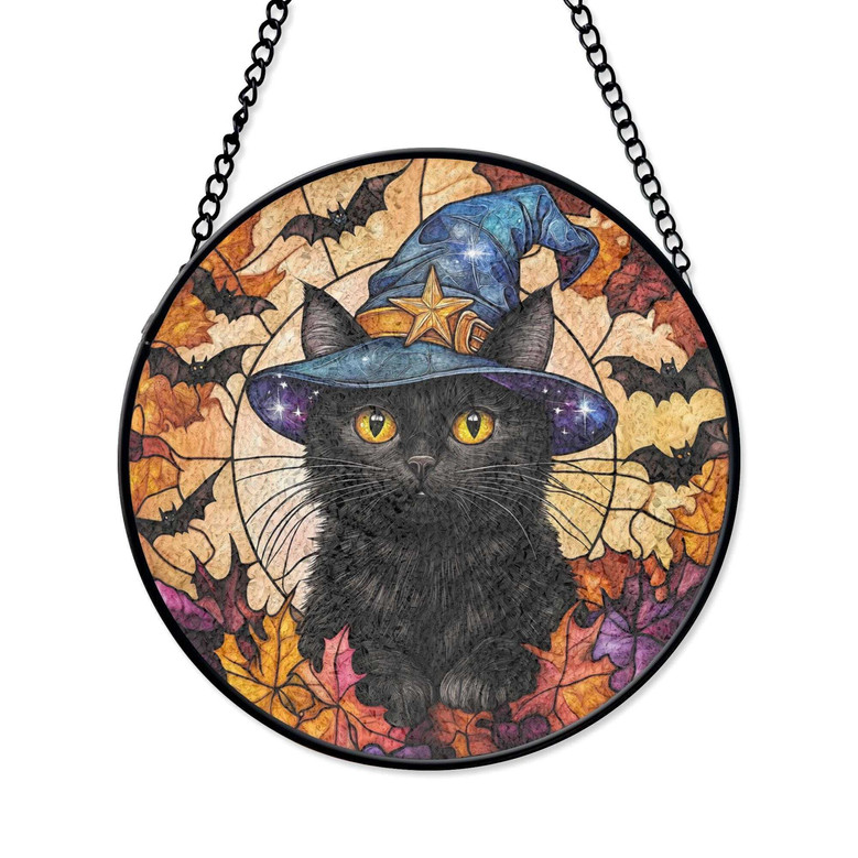 Spooky Black Cat Suncatcher In Witch Hat - Halloween Window Accent For Cat Lovers, Perfect For Fall Theme