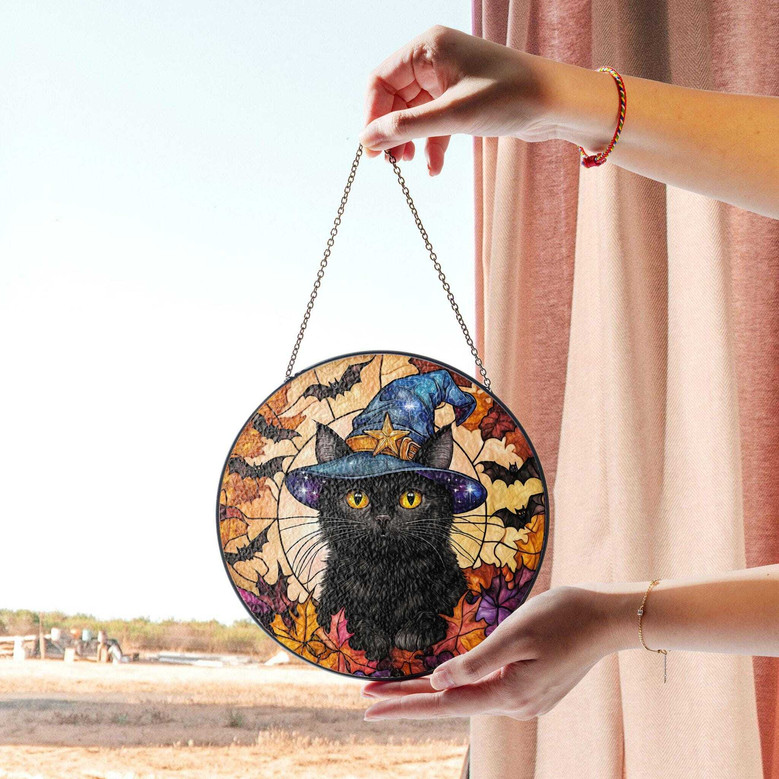 Spooky Black Cat Suncatcher In Witch Hat - Halloween Window Accent For Cat Lovers, Perfect For Fall Theme