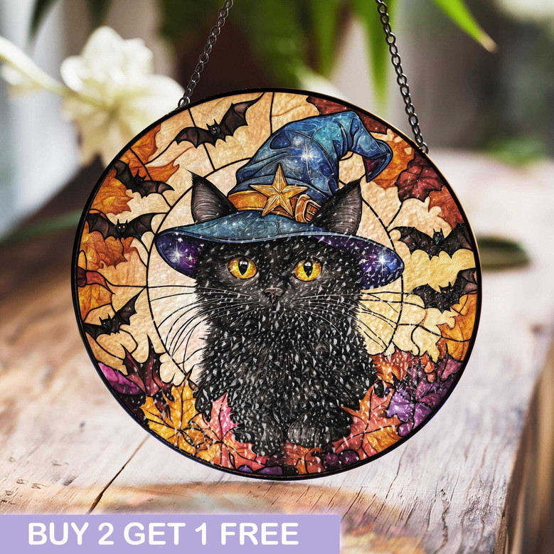Spooky Black Cat Suncatcher In Witch Hat - Halloween Window Accent For Cat Lovers, Perfect For Fall Theme