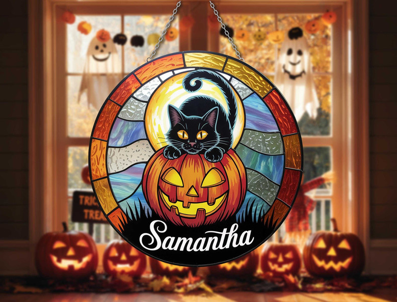 Personalized Black Cat Pumpkin Stained Glass Suncatcher Halloween Cute Spooky Gift
