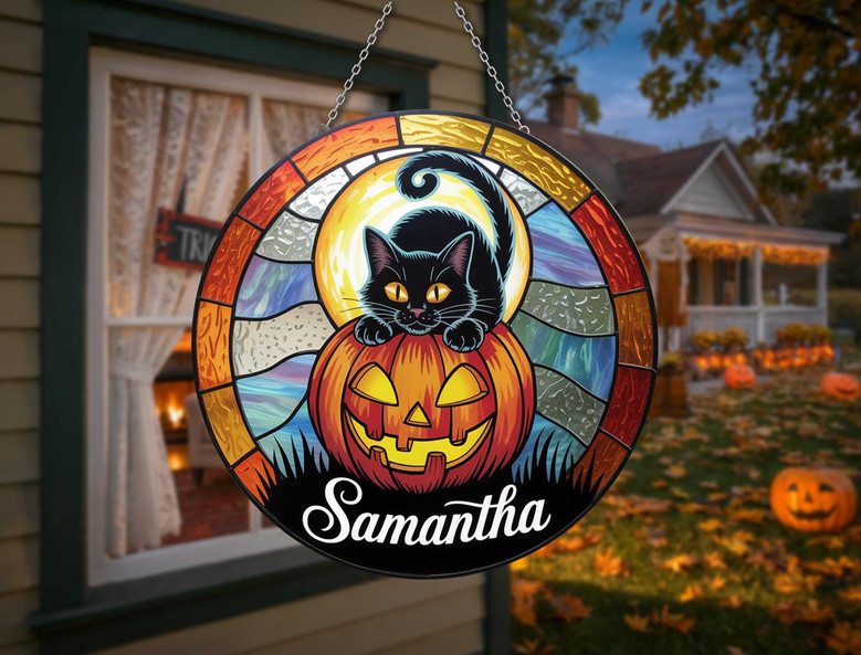 Personalized Black Cat Pumpkin Stained Glass Suncatcher Halloween Cute Spooky Gift