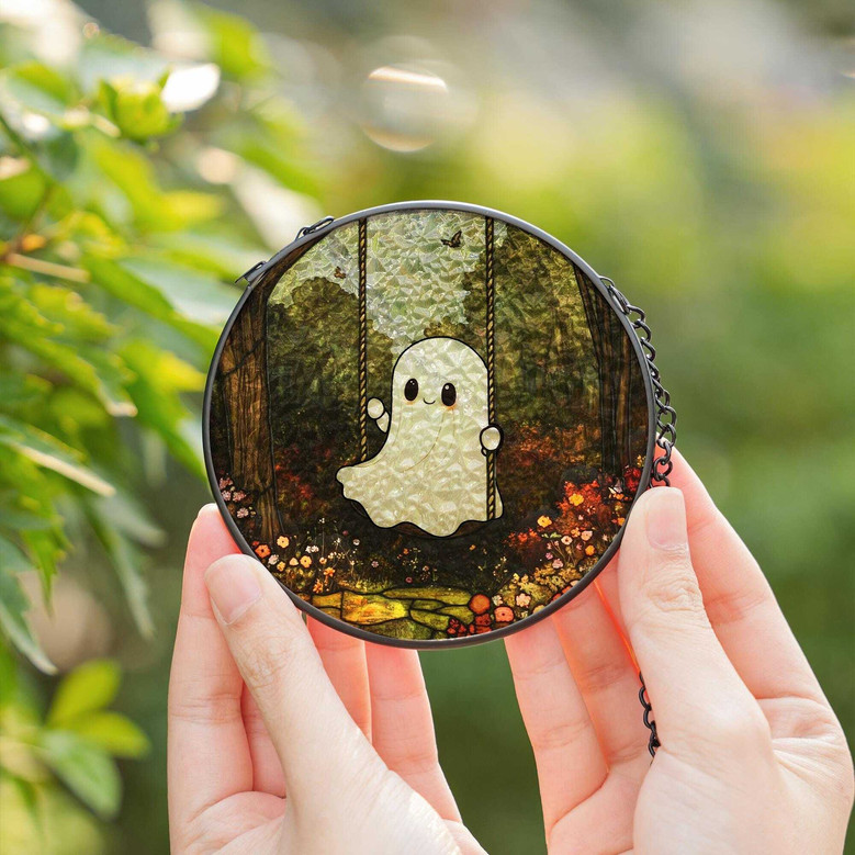 Charming Ghost Swing Stained Glass Suncatcher For Halloween | Spooky Cute Decoration For Ghost Lovers