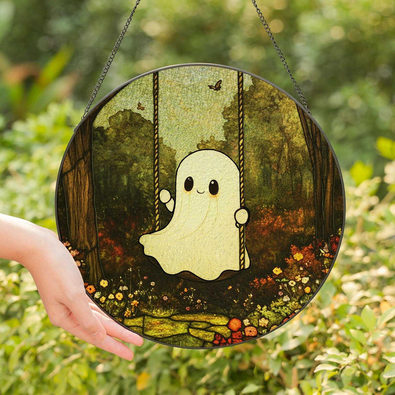 Charming Ghost Swing Stained Glass Suncatcher For Halloween | Spooky Cute Decoration For Ghost Lovers
