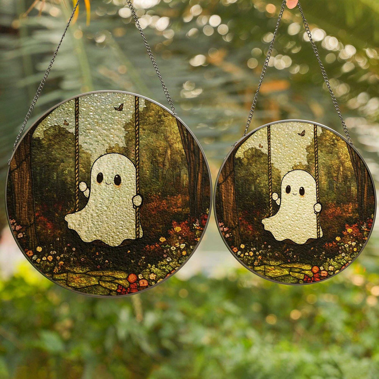 Charming Ghost Swing Stained Glass Suncatcher For Halloween | Spooky Cute Decoration For Ghost Lovers