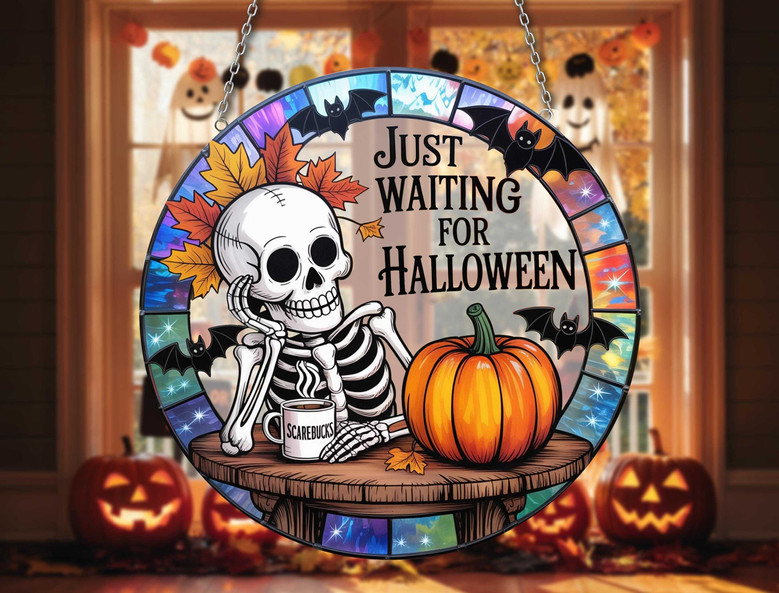 Just Waiting For Halloween - Funny Personalized Skeleton Suncatcher - Spooky Gothic Pumpkin Ornament For Fall Decor
