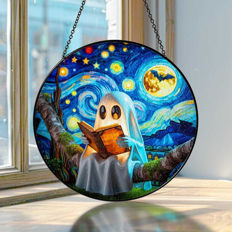 Starry Night Ghost Reading Stained Glass Suncatcher For Book Lovers - Halloween Decor Gift