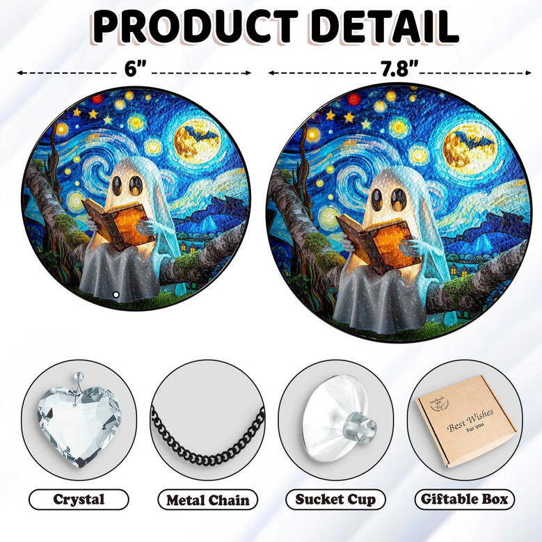 Starry Night Ghost Reading Stained Glass Suncatcher For Book Lovers - Halloween Decor Gift