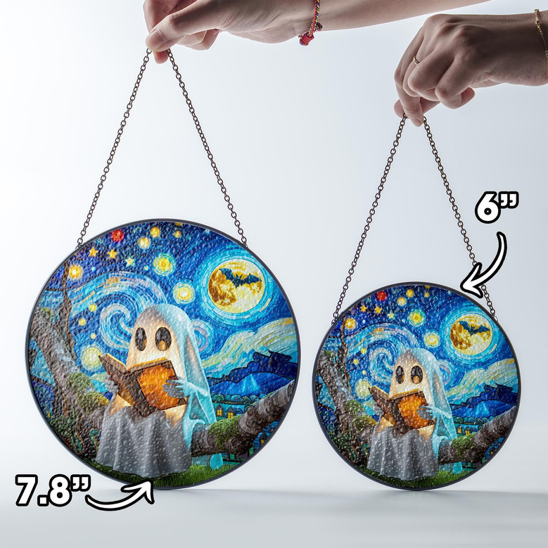 Starry Night Ghost Reading Stained Glass Suncatcher For Book Lovers - Halloween Decor Gift