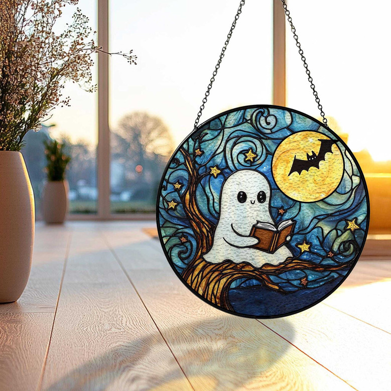 Cute Ghost Reading Glass Suncatcher For Halloween - Starry Night Design For Book Lovers