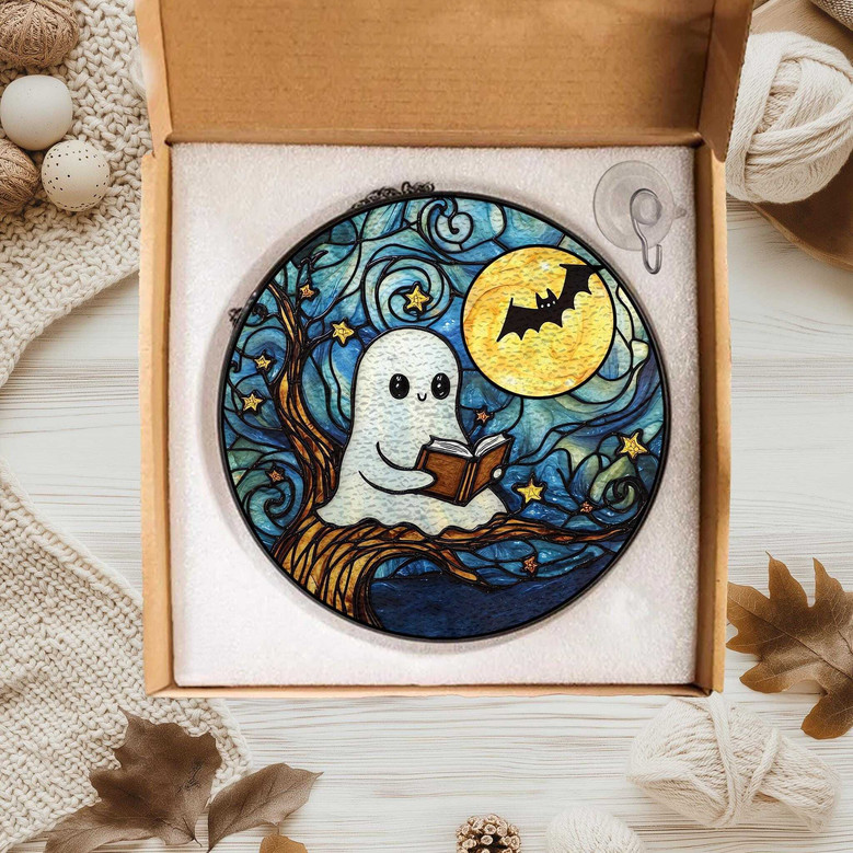 Cute Ghost Reading Glass Suncatcher For Halloween - Starry Night Design For Book Lovers