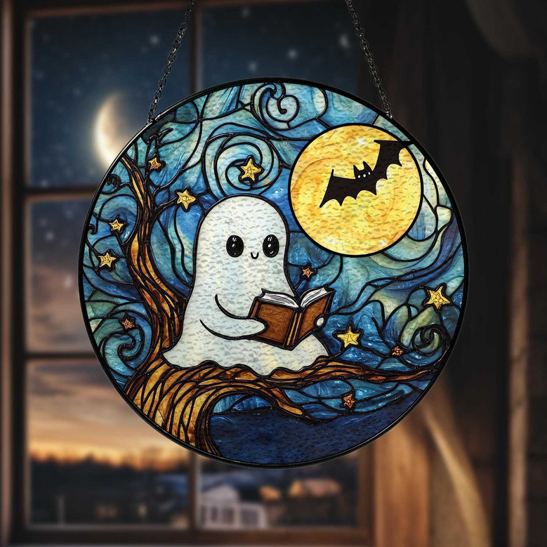 Cute Ghost Reading Glass Suncatcher For Halloween - Starry Night Design For Book Lovers
