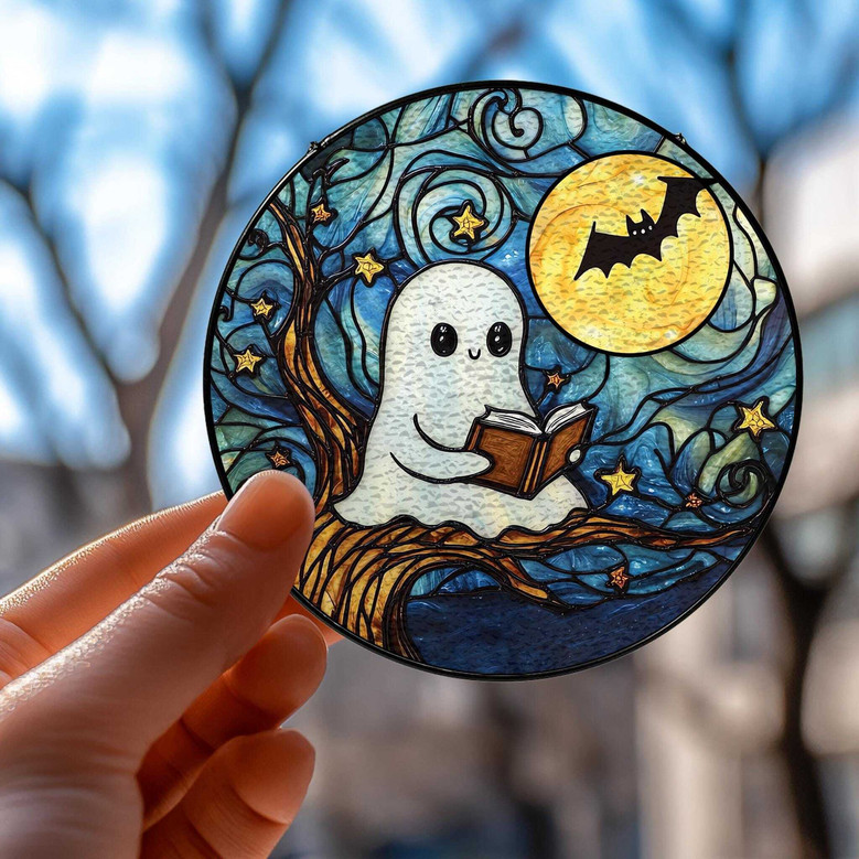 Cute Ghost Reading Glass Suncatcher For Halloween - Starry Night Design For Book Lovers