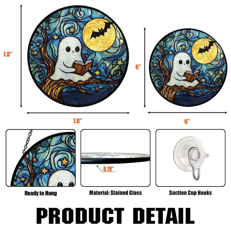 Cute Ghost Reading Glass Suncatcher For Halloween - Starry Night Design For Book Lovers