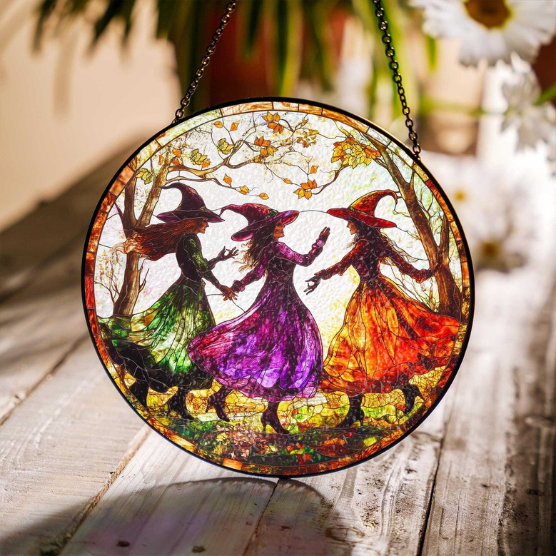 Halloween Witch Stained Glass Suncatcher - Feminist Window Decor For Dark Fantasy Homes