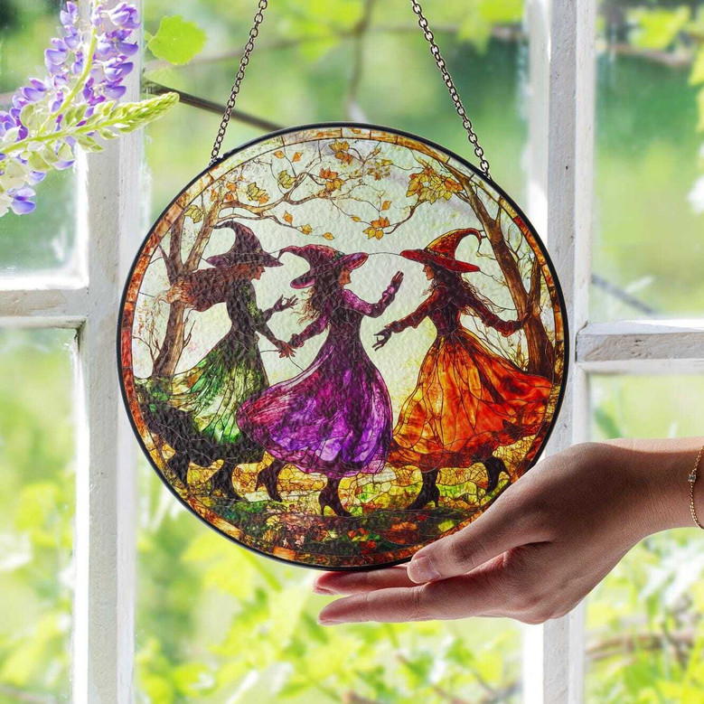 Halloween Witch Stained Glass Suncatcher - Feminist Window Decor For Dark Fantasy Homes