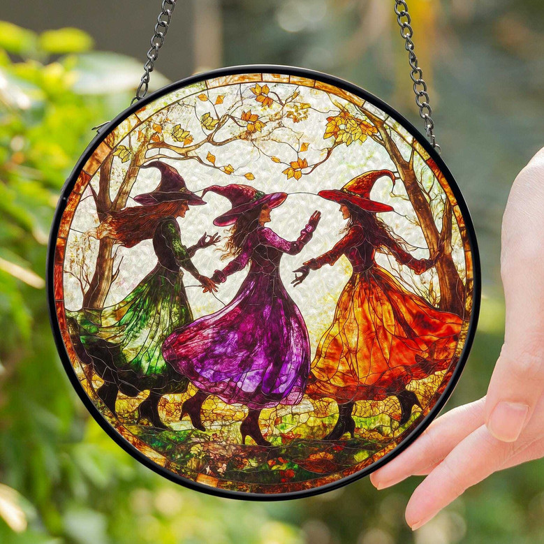 Halloween Witch Stained Glass Suncatcher - Feminist Window Decor For Dark Fantasy Homes
