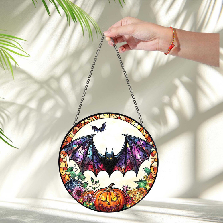 Gothic Halloween Pumpkin Bat Stained Glass Suncatcher For Spooky Home DéCor
