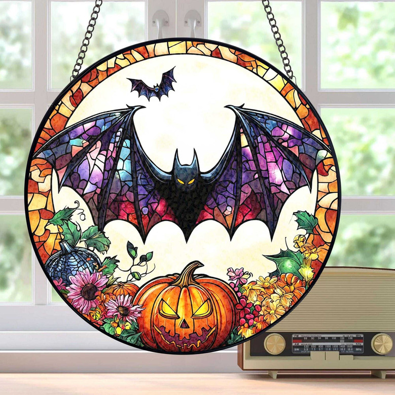 Gothic Halloween Pumpkin Bat Stained Glass Suncatcher For Spooky Home DéCor